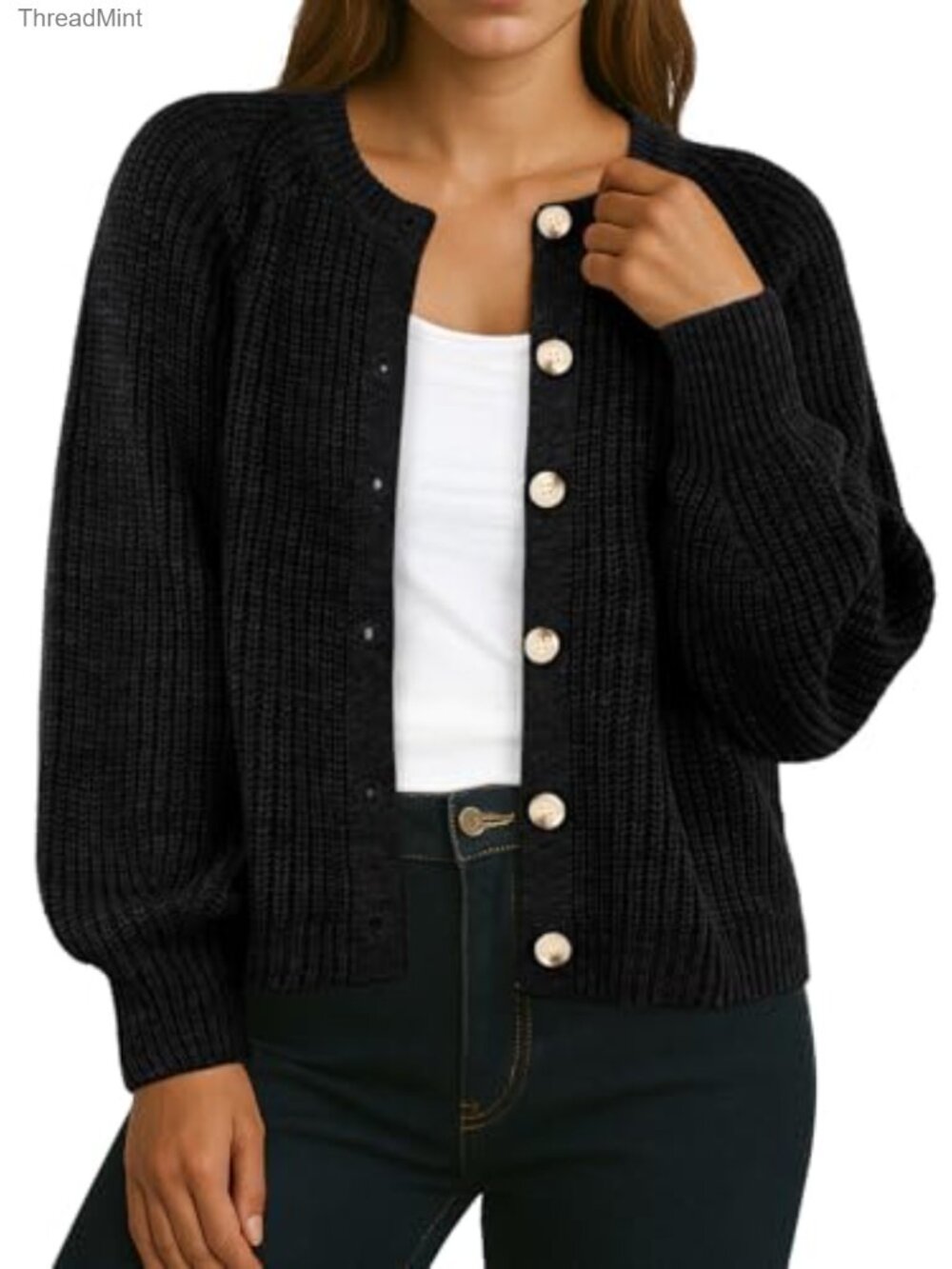 Chunky Knit Button Front Cardigan Crewneck Lantern Sleeve Women's Sweater